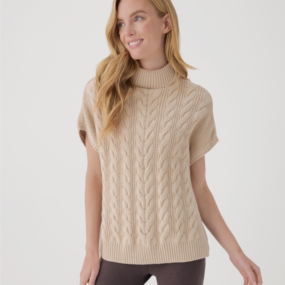 Pact Sandshell Cowl Neck Cable Knit Poncho Sweater